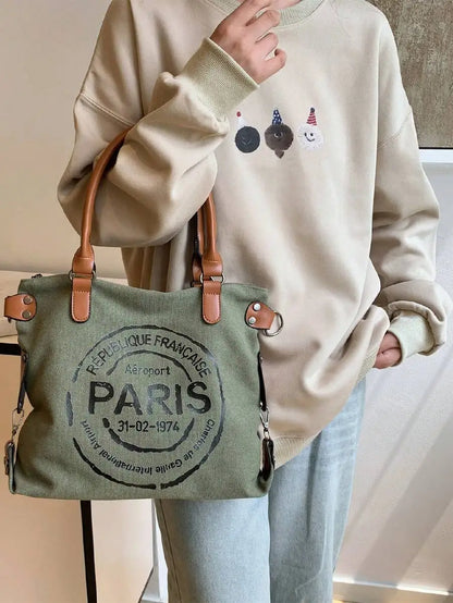 Vintage Inspired Canvas Tote Crossbody Bag with Graphic Print Design