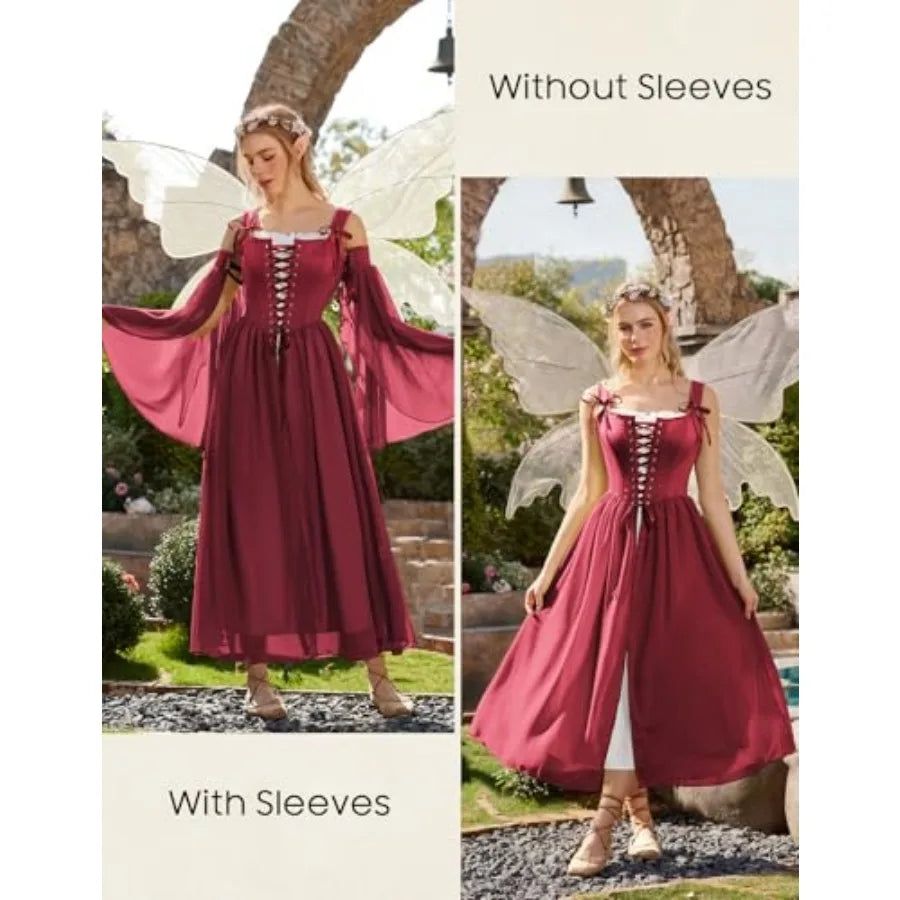 Women's Renaissance-Inspired Corset Dress Set with Bell Sleeves and Layered Overdress