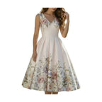 Elegant White Floral Print Swing Dress with V-Neckline and Pleated Skirt