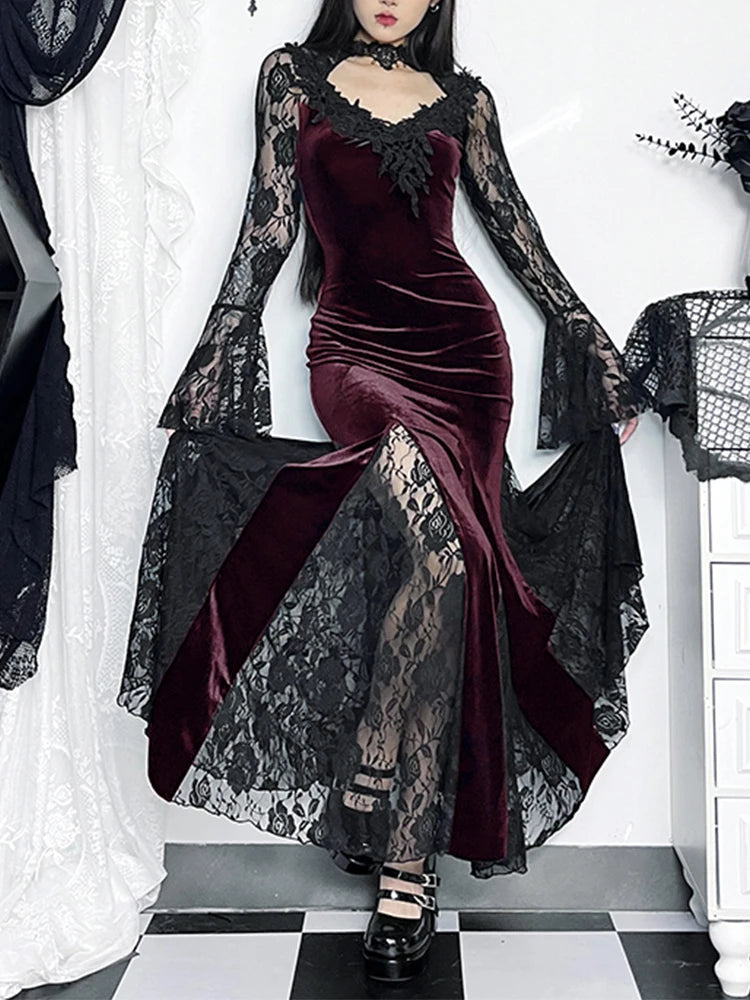 Velvet Gothic Mermaid Dress with Lace Panels and Alternative Elegance