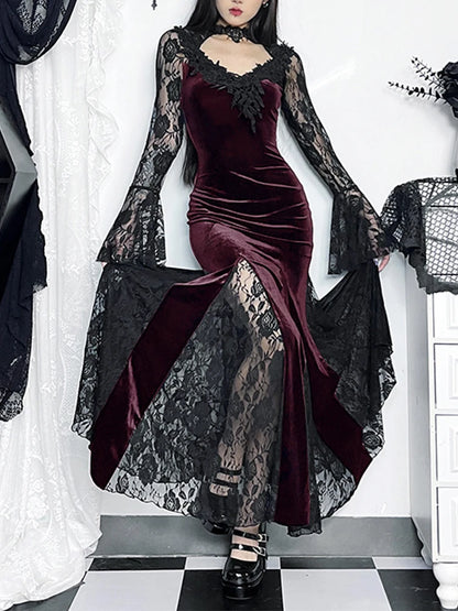Velvet Gothic Mermaid Dress with Lace Panels and Alternative Elegance