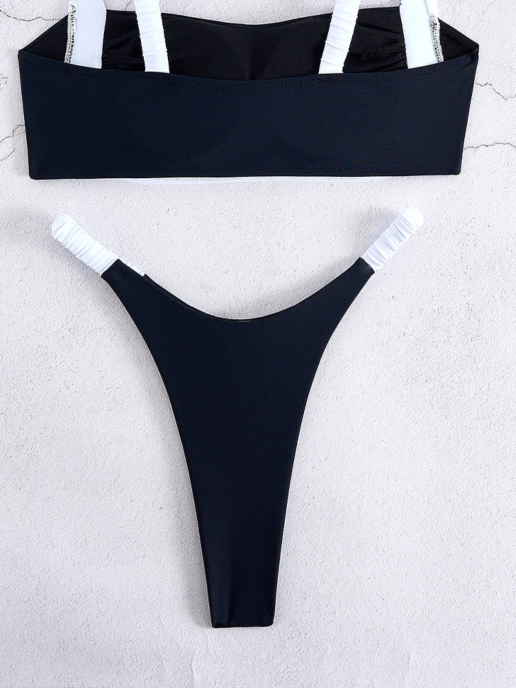 Black and White Color-Blocked Bralette Bikini with High-Cut Silhouette