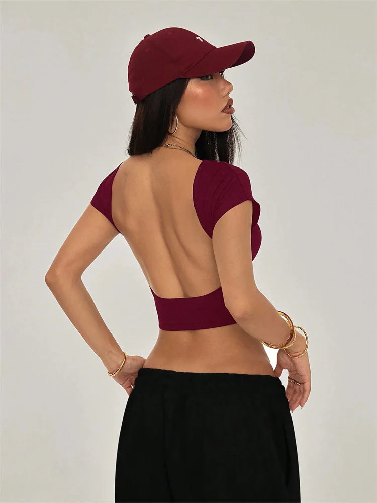 Women's Backless Short Sleeve Crop T-Shirt for Modern Minimalist Streetwear Summer Fashion Style