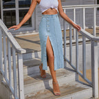 High Waist Irregular Denim Midi Skirt with Button Detail Contemporary Casual Fashion