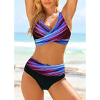 Geometric Print Cross-Front Bikini Top with High-Waisted Color-Block Bottoms