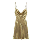 Metallic Finish Spaghetti Strap Mini Dress with Draped Cowl Neckline