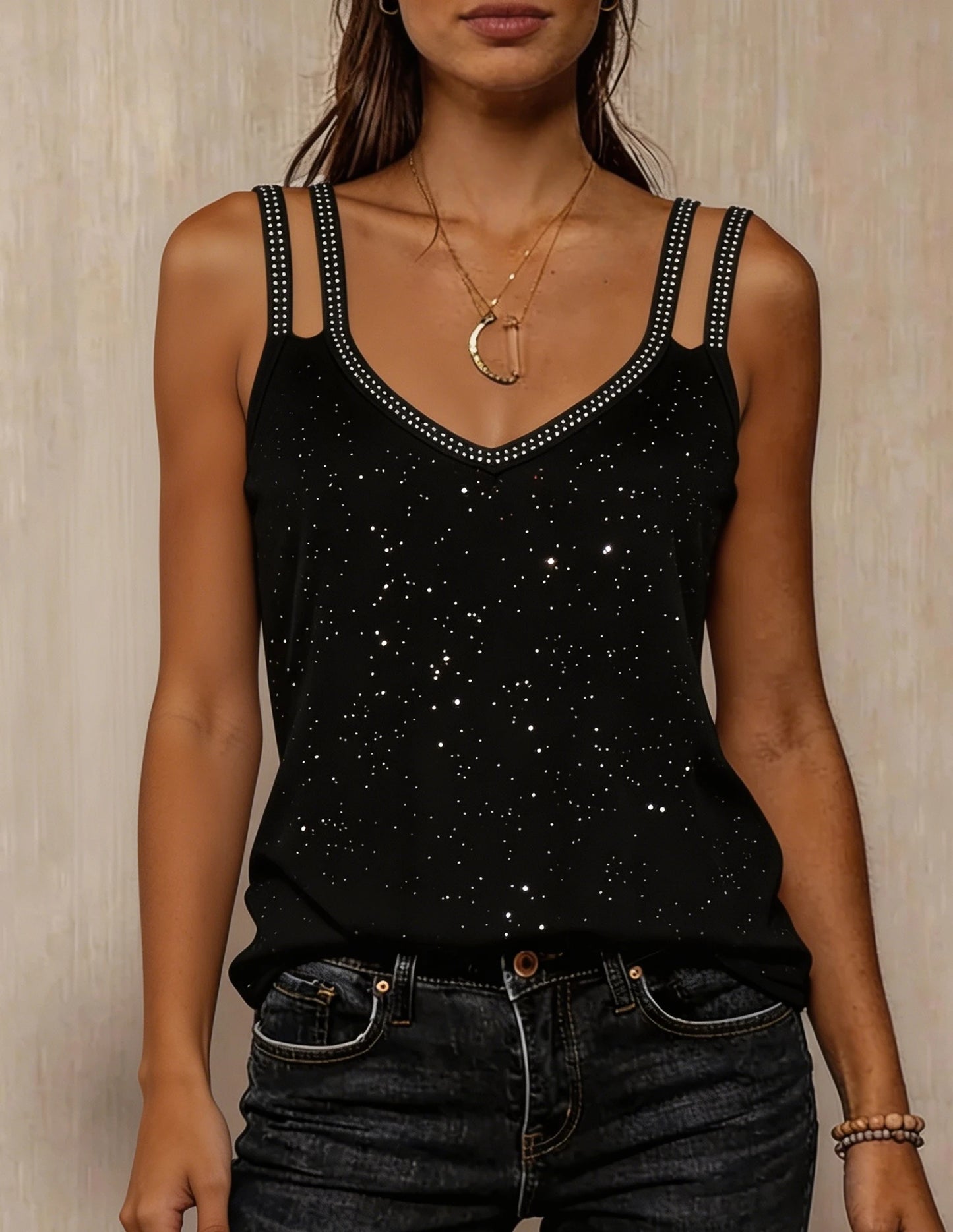Rhinestone Double Strap Tank Top with Slim Fit Evening Streetwear Style