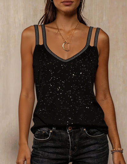 Rhinestone Double Strap Tank Top with Slim Fit Evening Streetwear Style