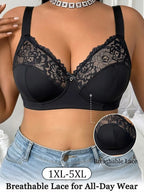 Full-Coverage Black Underwire Bra with Floral Lace Accents and U-Shaped Back