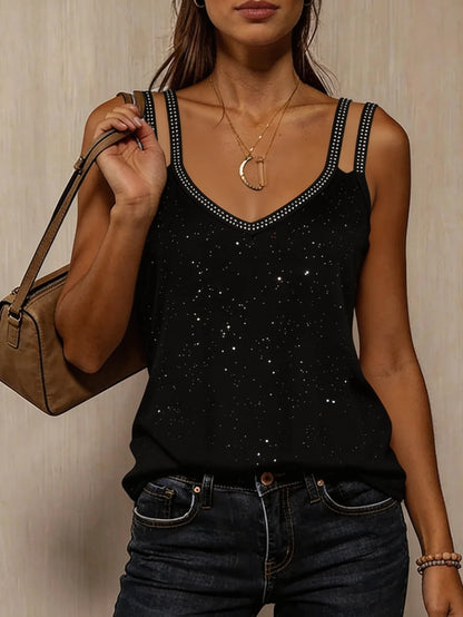 Rhinestone Double Strap Tank Top with Slim Fit Evening Streetwear Style