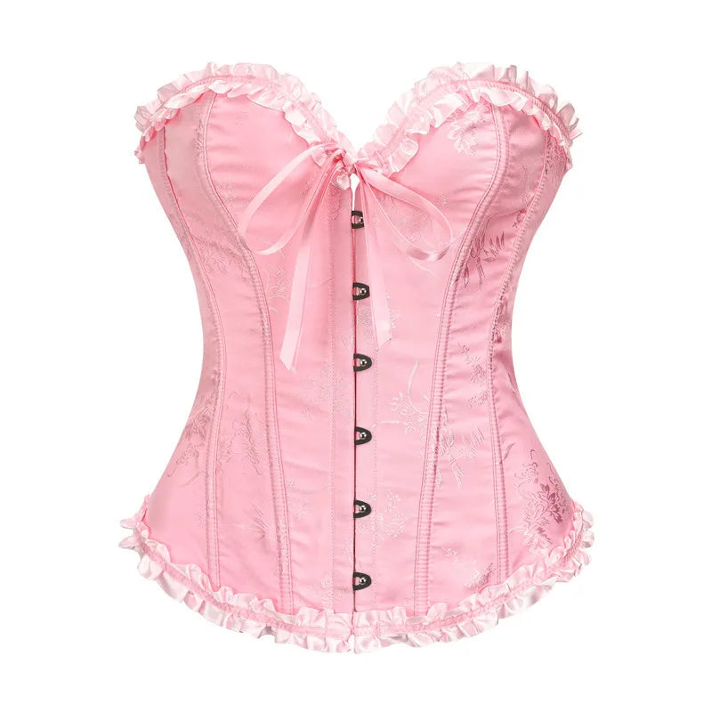 Jacquard Overbust Corset with Ruffled Trim, Structured Boning and Lace-Up Back