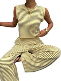 Women's Striped Sleeveless Top and Wide Leg Pants Relaxed Matching Set