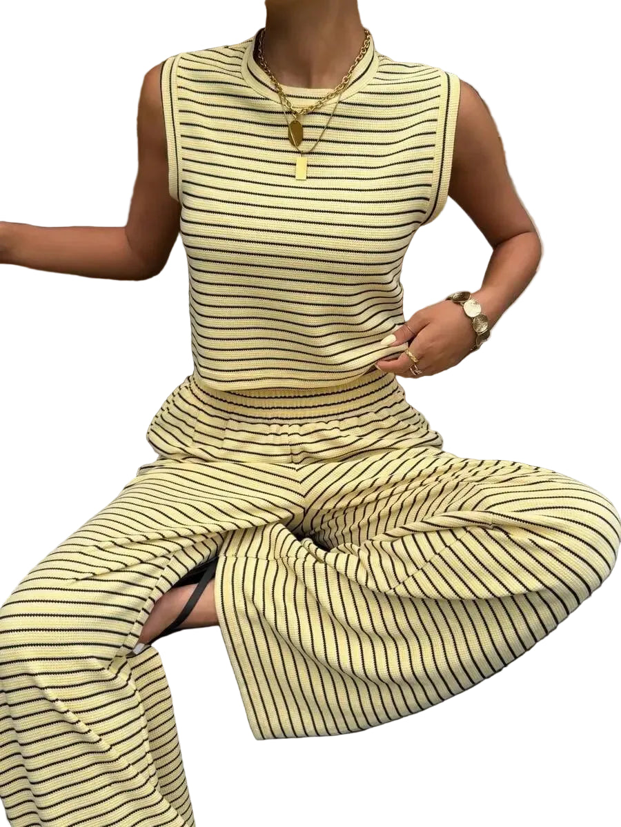 Women's Striped Sleeveless Top and Wide Leg Pants Relaxed Matching Set
