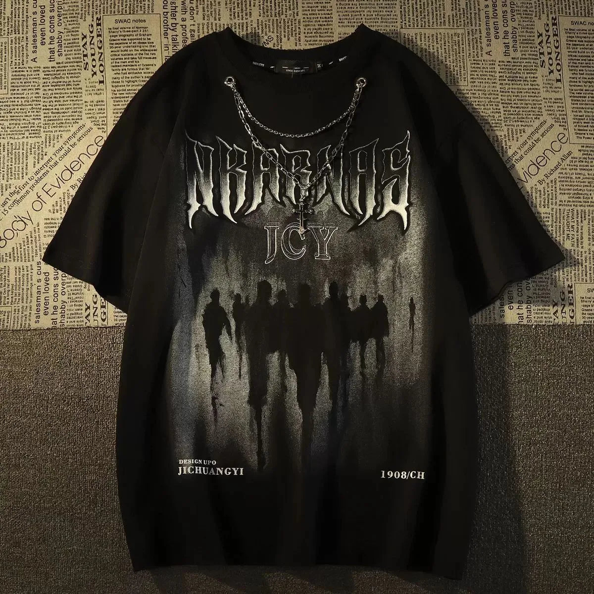 Oversized Vintage Silhouette Graphic Cotton T-Shirt with Dark Streetwear Aesthetic