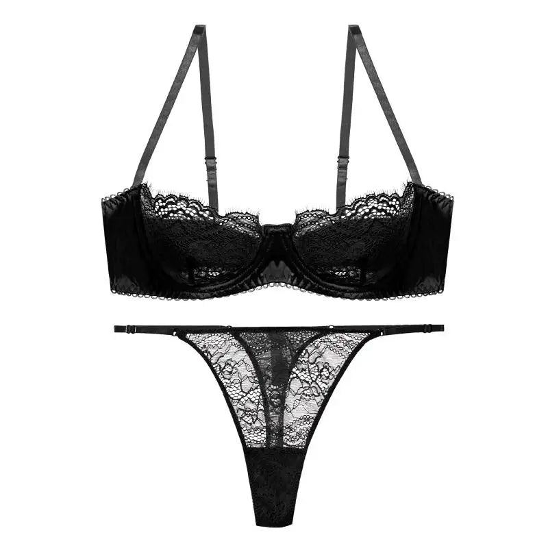 Sheer Black Floral Lace Balconette Bra and Strappy Thong Set