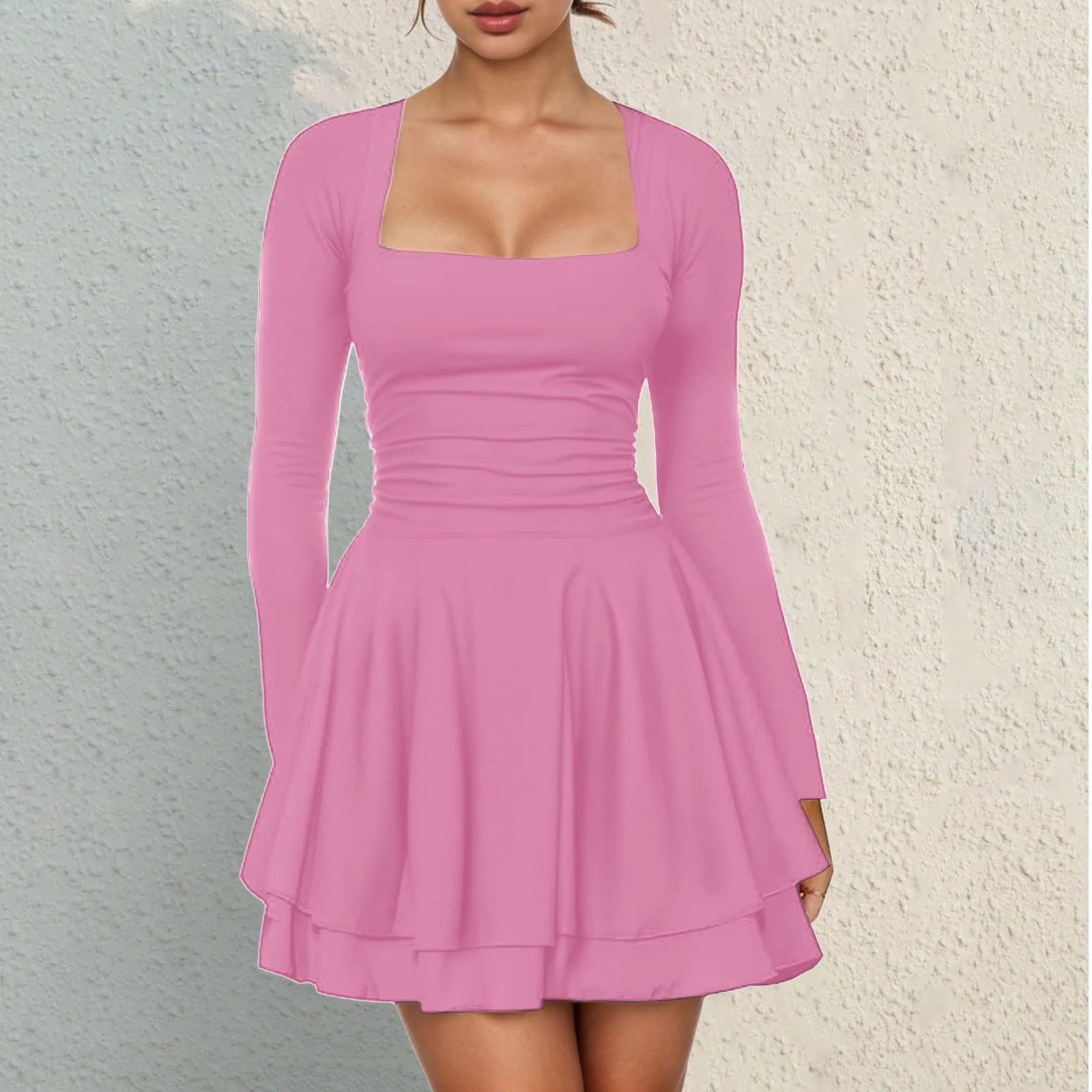 Square Neck Long Sleeve Mini Dress with Structured Waist and Ruffle Hem