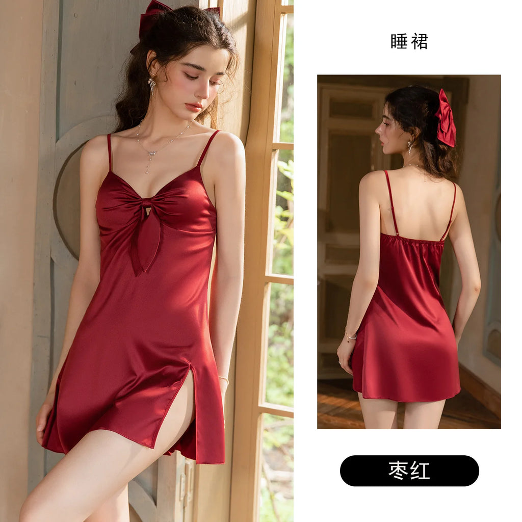 Elegant White Satin-Finish Slip Dress with Front Knot Detail and Side Slit