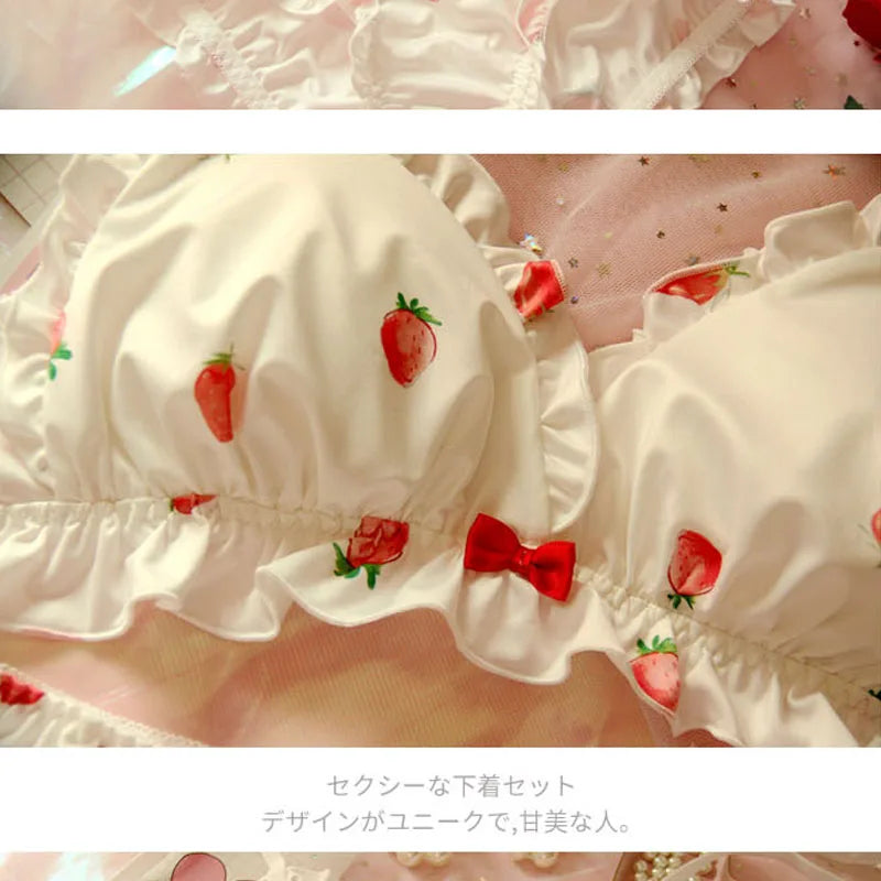 Whimsical Strawberry Print Ruffled Underwire Bra and Panty Set