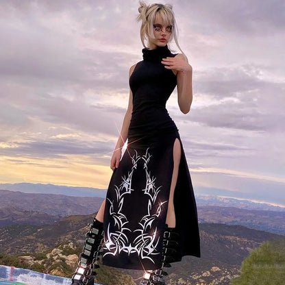 Dark Fantasy Split-Leg Gothic Dress with Alternative Streetwear Aesthetic
