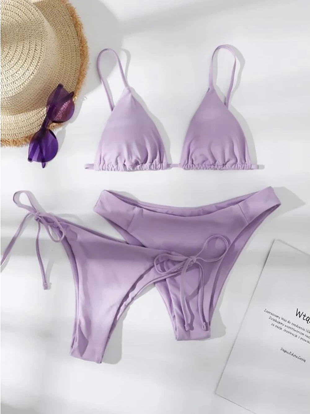Solid White Three-Piece Triangle Bikini Set with Side-Tie Details