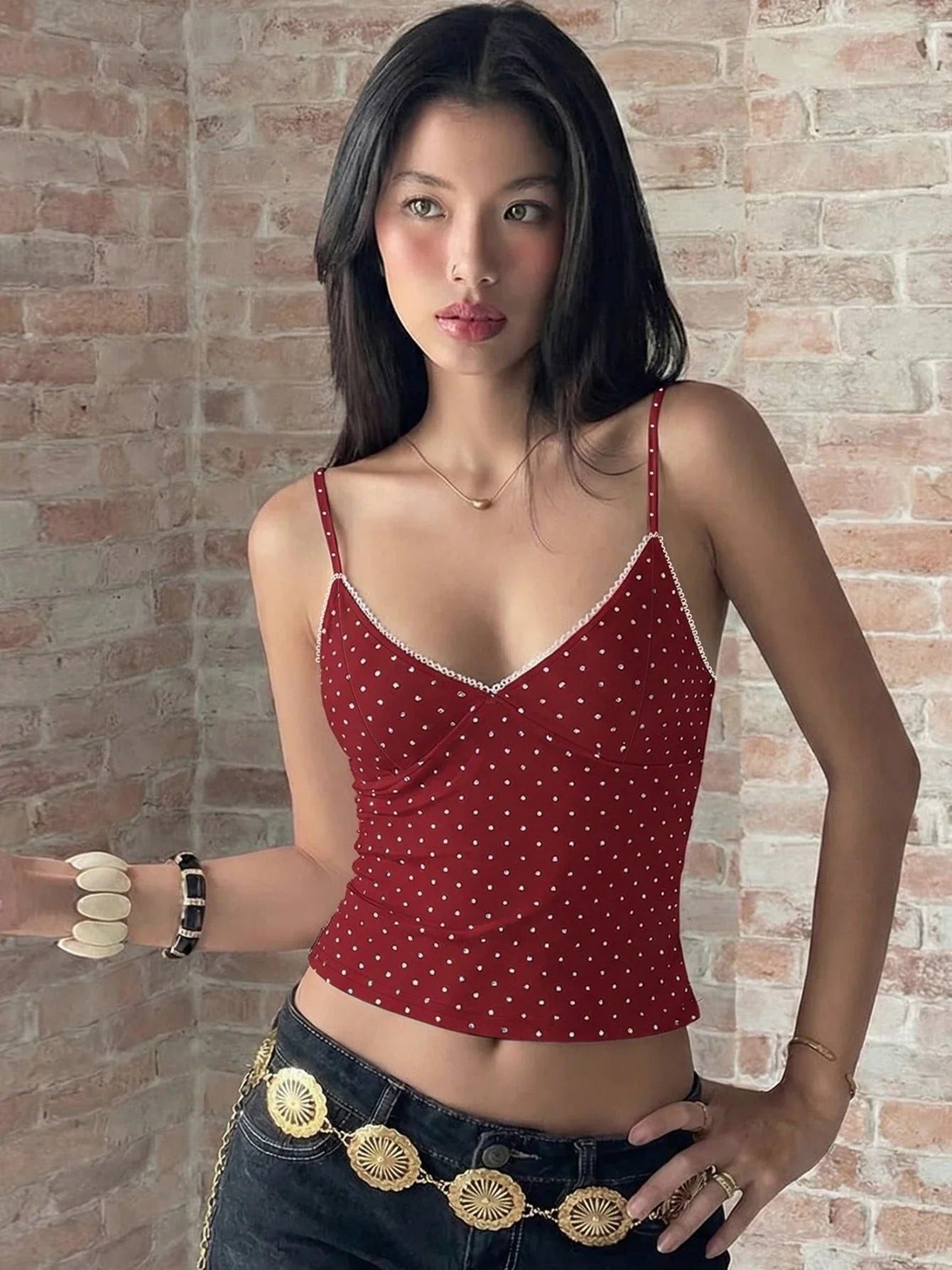 Polka Dot V-Neck Crop Top with Slim Fit Backless Streetwear Camisole Design