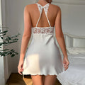 Elegant White Satin-Finish Halter Chemise with Sheer Lace Bodice and Bow Accents