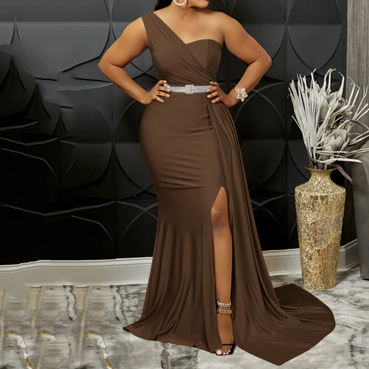Vibrant Yellow One-Shoulder Evening Gown with Ruched Bodice and High Slit