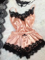 Contrasting Black Lace and Peach Satin-Finish Two-Piece Cami and Shorts Sleep Set