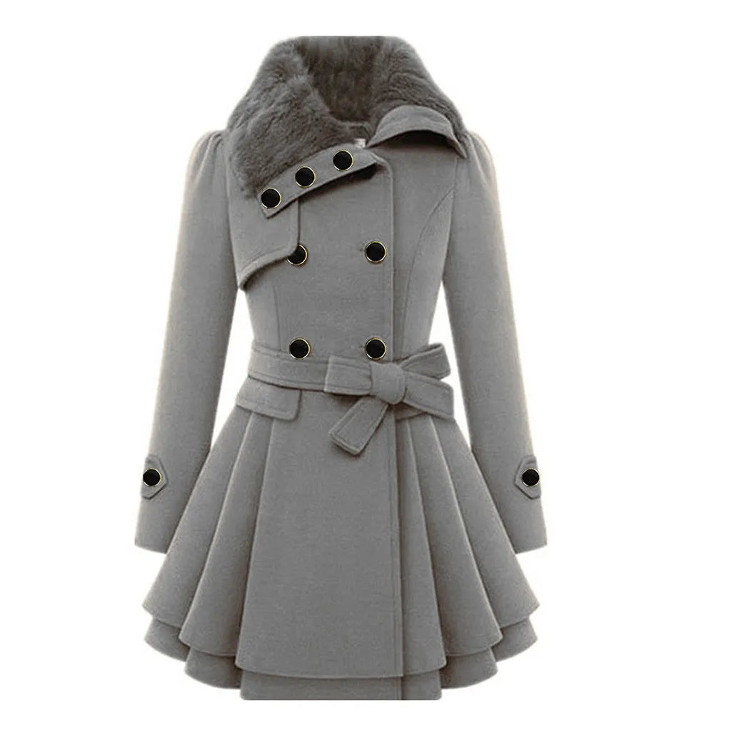 Women's Double-Breasted Hooded Wool-Blend Style Belted Skater Jacket with Asymmetrical Hem Streetwear Coat