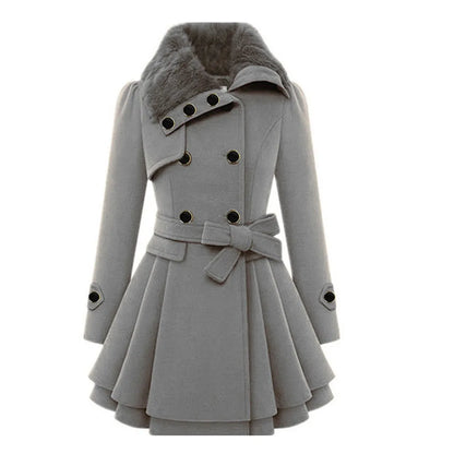 Women's Double-Breasted Hooded Wool-Blend Style Belted Skater Jacket with Asymmetrical Hem Streetwear Coat