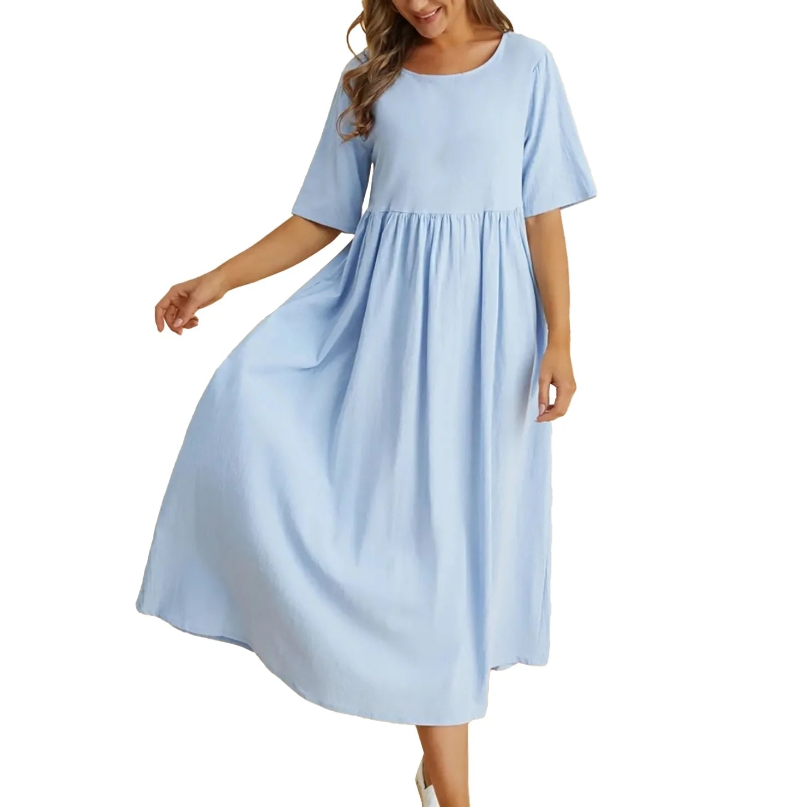 Relaxed A-Line Midi Dress with Short Sleeves and Flowy Everyday Fit