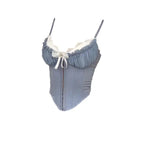 Vintage-Inspired Black Overbust Corset with White Ruffled Lace Trim