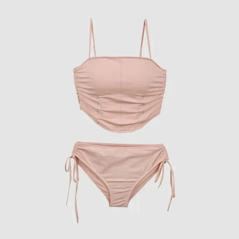 Solid Coral Pink Tankini Set with Ruched Side-Tie Bottom