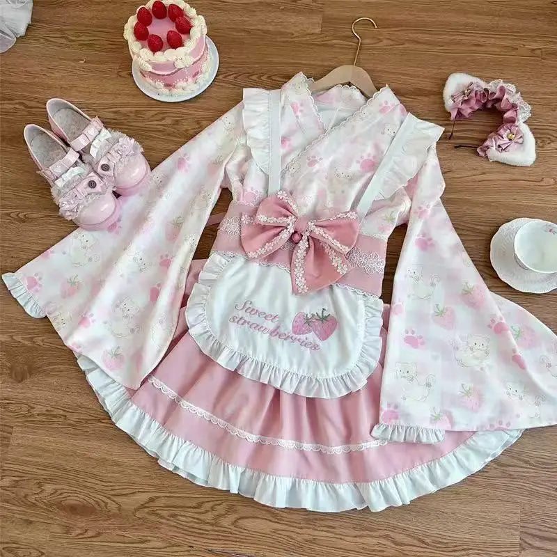 Pink Floral Wa-Lolita Maid Dress with Flowing Kimono Sleeves and Ruffled Apron