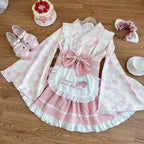 Pink Floral Wa-Lolita Maid Dress with Flowing Kimono Sleeves and Ruffled Apron
