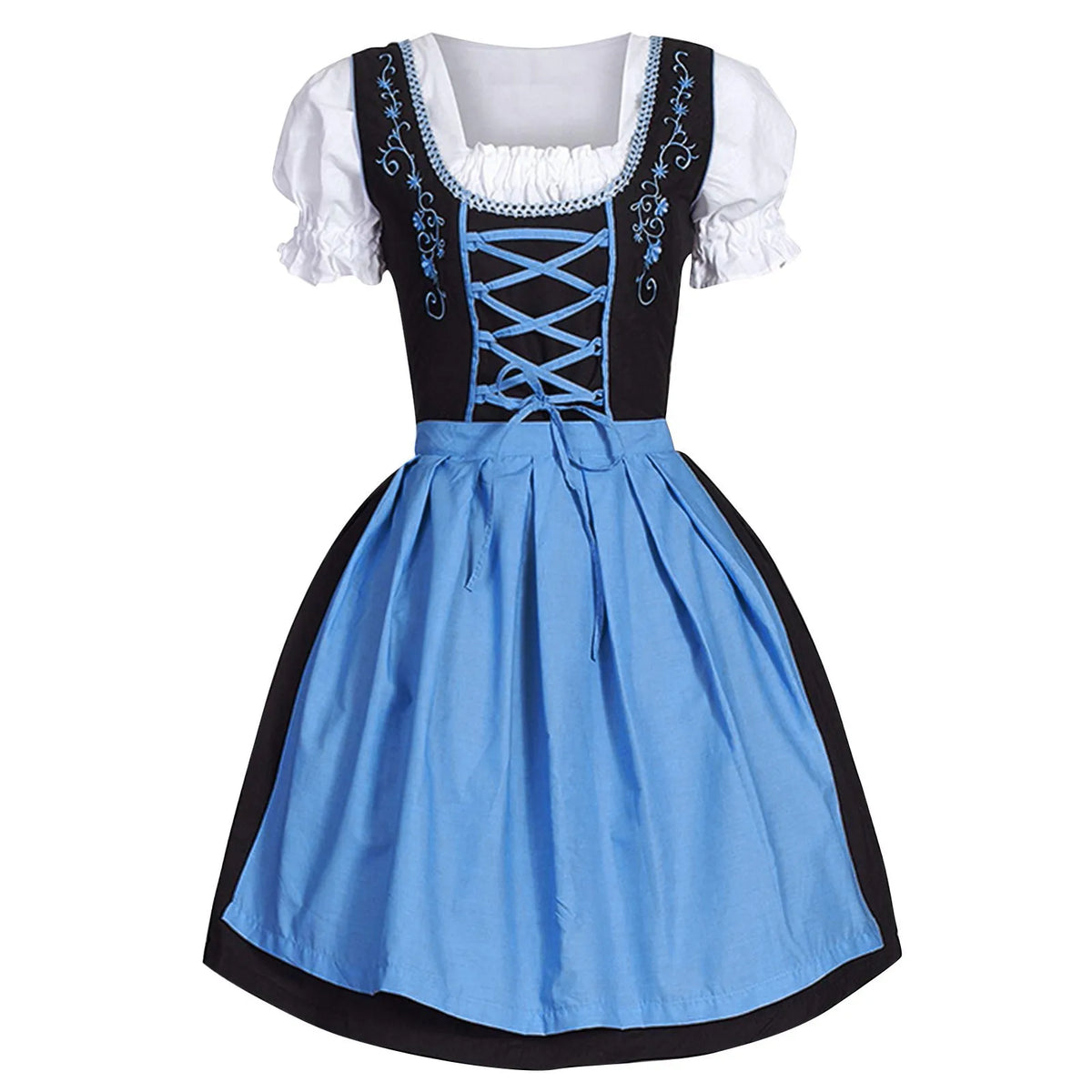 Traditional Bavarian-Inspired Dirndl Dress with Lace-Up Bodice and Puff Sleeves