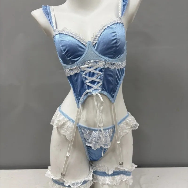 Light Blue Satin Longline Lingerie Set with Lace-Up Detailing and Ruffled Garters