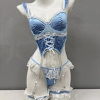 Light Blue Satin Longline Lingerie Set with Lace-Up Detailing and Ruffled Garters