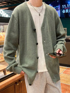 Men's Oversized Button Front Cardigan with Relaxed Drop Shoulder Knit Design