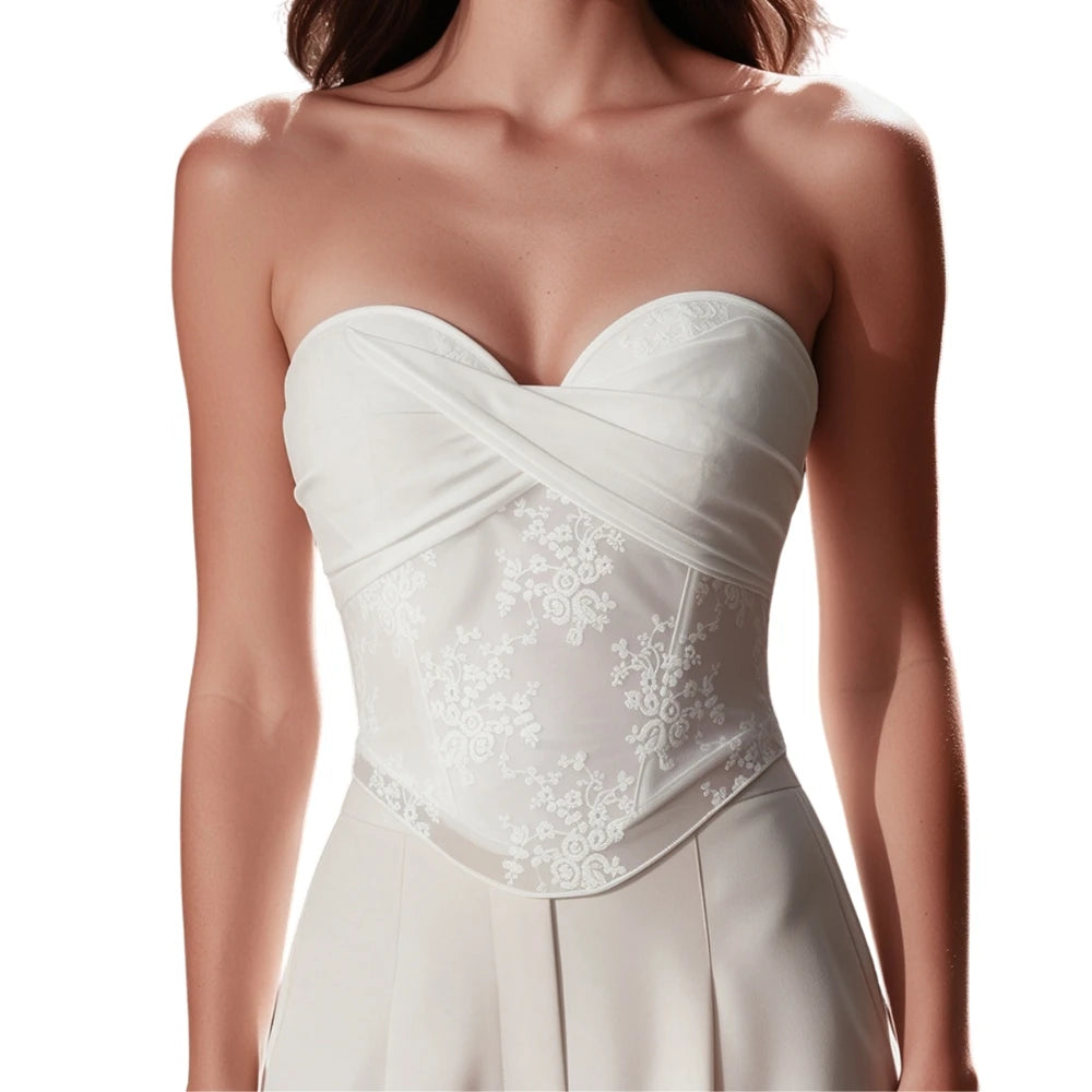 Ethereal White Strapless Corset with Draped Sweetheart Bodice and Lace Overlay