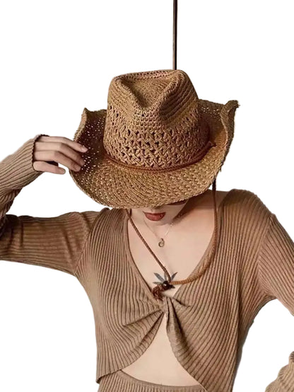 Women's Woven Straw Cowboy Hat with Breathable Open Weave for Summer Outdoor Style