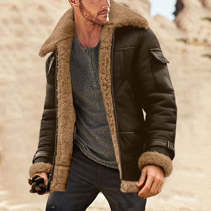 Men's Faux Suede Sherpa Lined Zip Jacket with Turn Down Collar for Rugged Casual Style