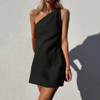 Minimalist One-Shoulder Mini Dress in Solid Earth Tone