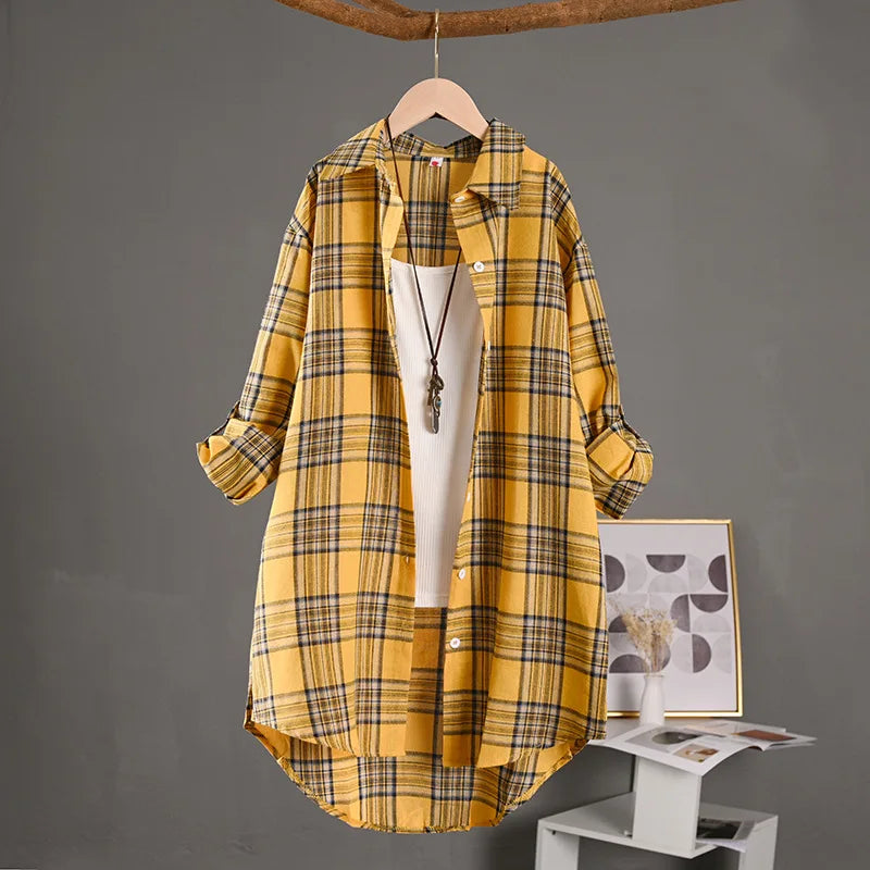 Vintage-Inspired Forest Green Plaid Mid-Length Outerwear Shirt with Rolled Sleeves