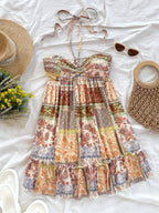 Patchwork Print Halter Mini Dress with Ruffle Trim Bohemian Silhouette