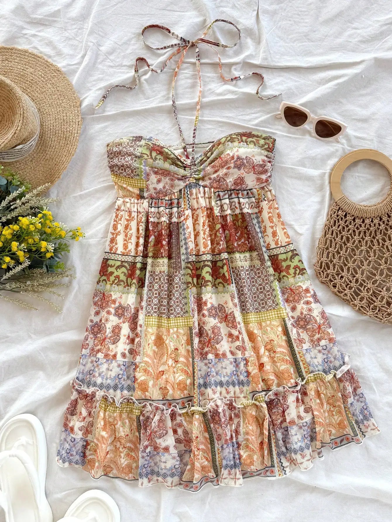 Patchwork Print Halter Mini Dress with Ruffle Trim Bohemian Silhouette