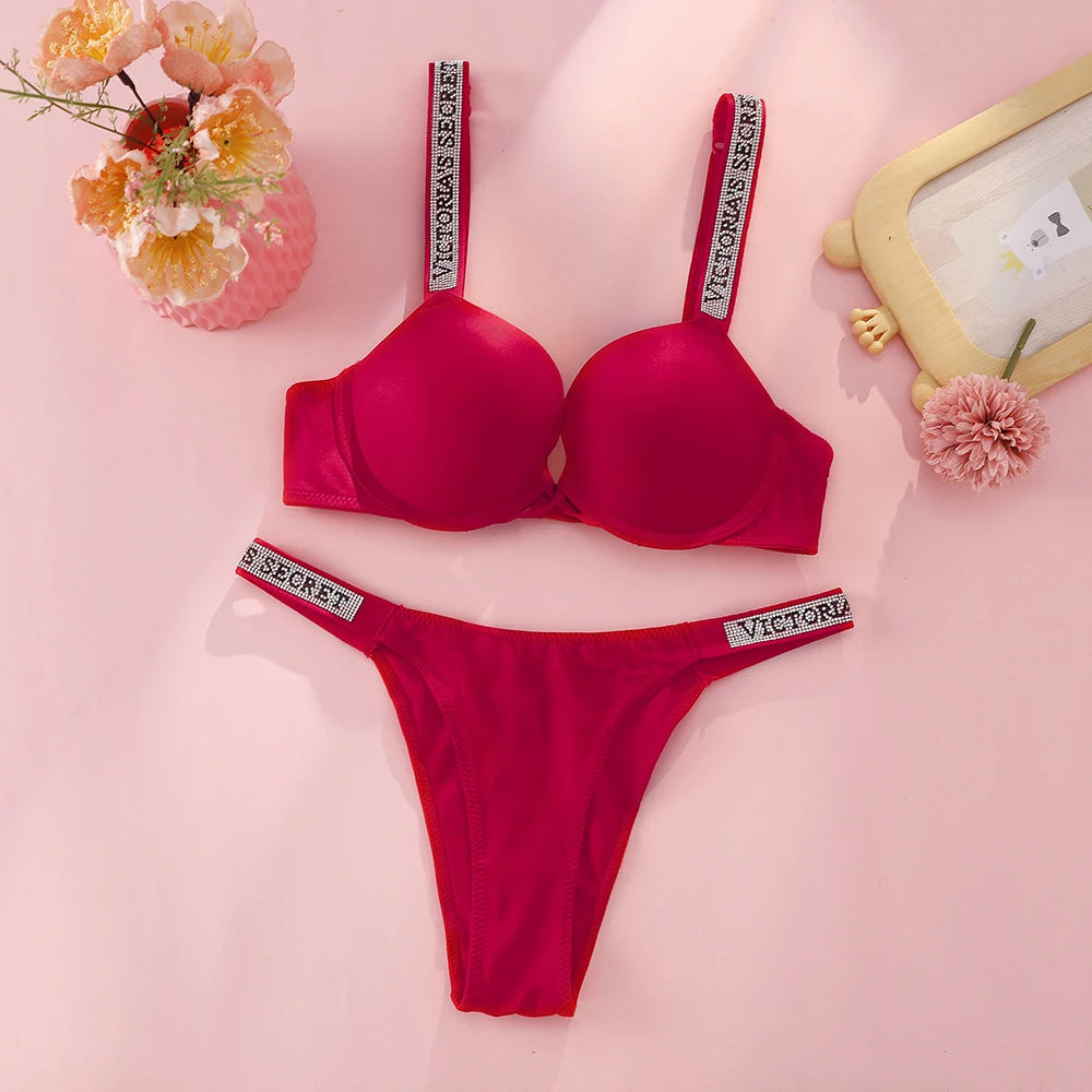 Rhinestone Statement Strap Push-Up Bra and Matching Crystal Thong Set