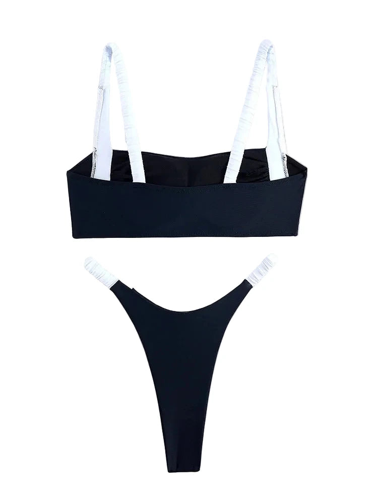 Black and White Color-Blocked Bralette Bikini with High-Cut Silhouette
