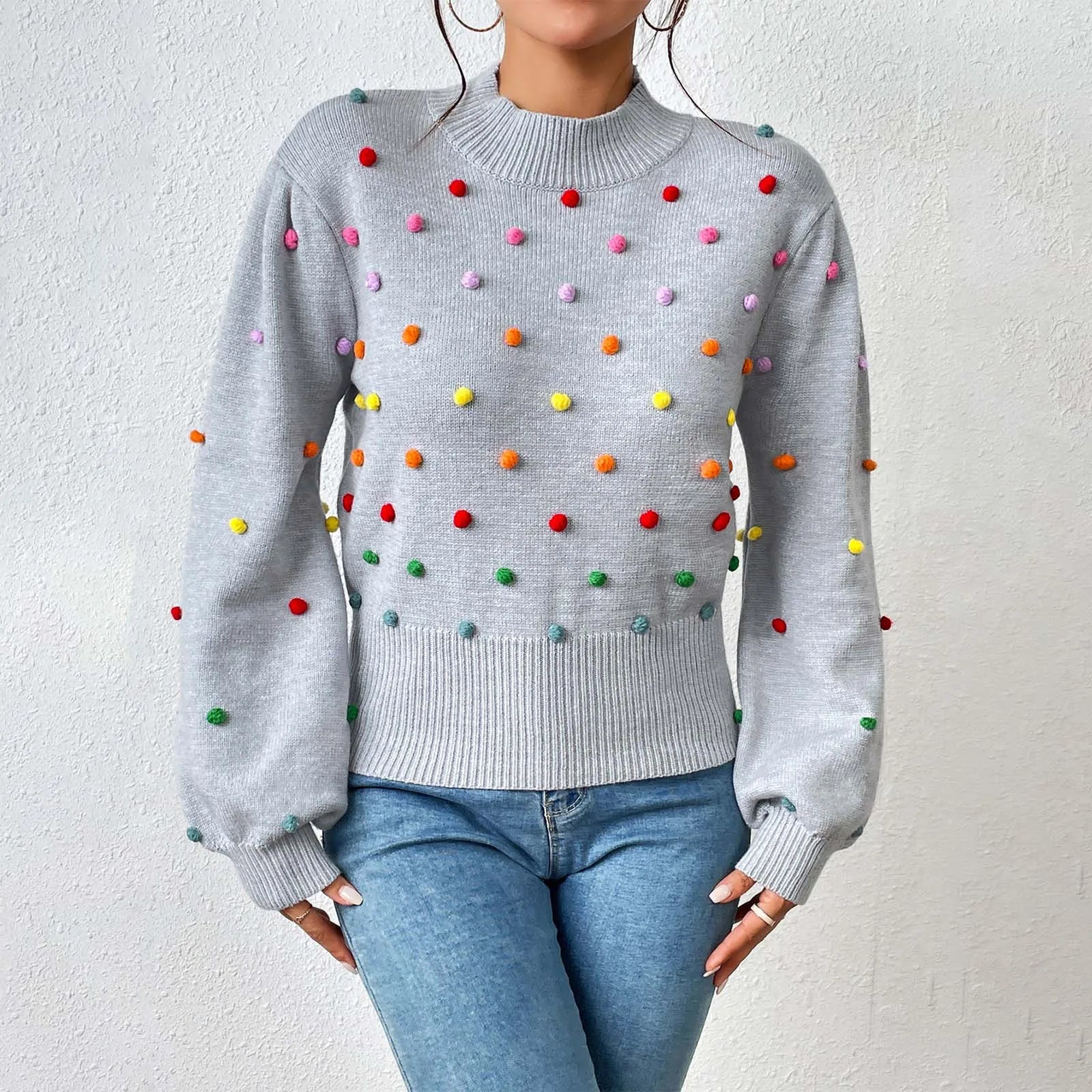 Women's Polka Dot Textured Knit Relaxed Fit Contemporary Sweater Pullover