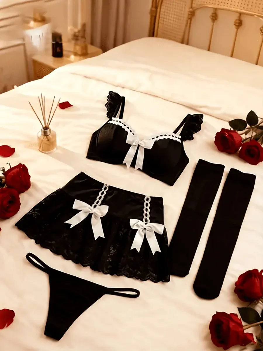 Boudoir Satin Bow Ruffled Bralette, Pleated Mini Apron Skirt, Thong, and Stocking Set